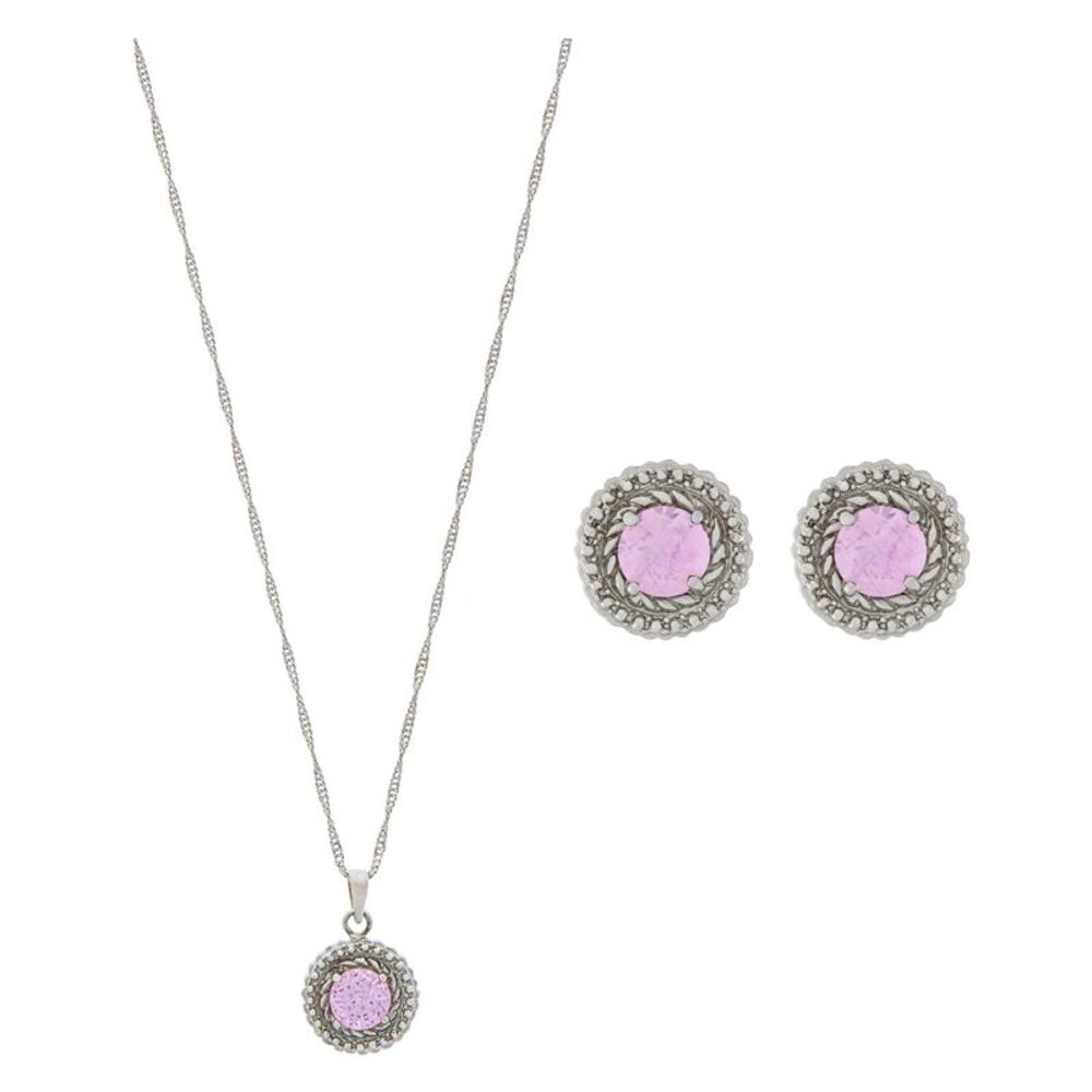 Solitaire Pink Tourmaline Round Vintage Inspired Pendant Necklace and Earrings